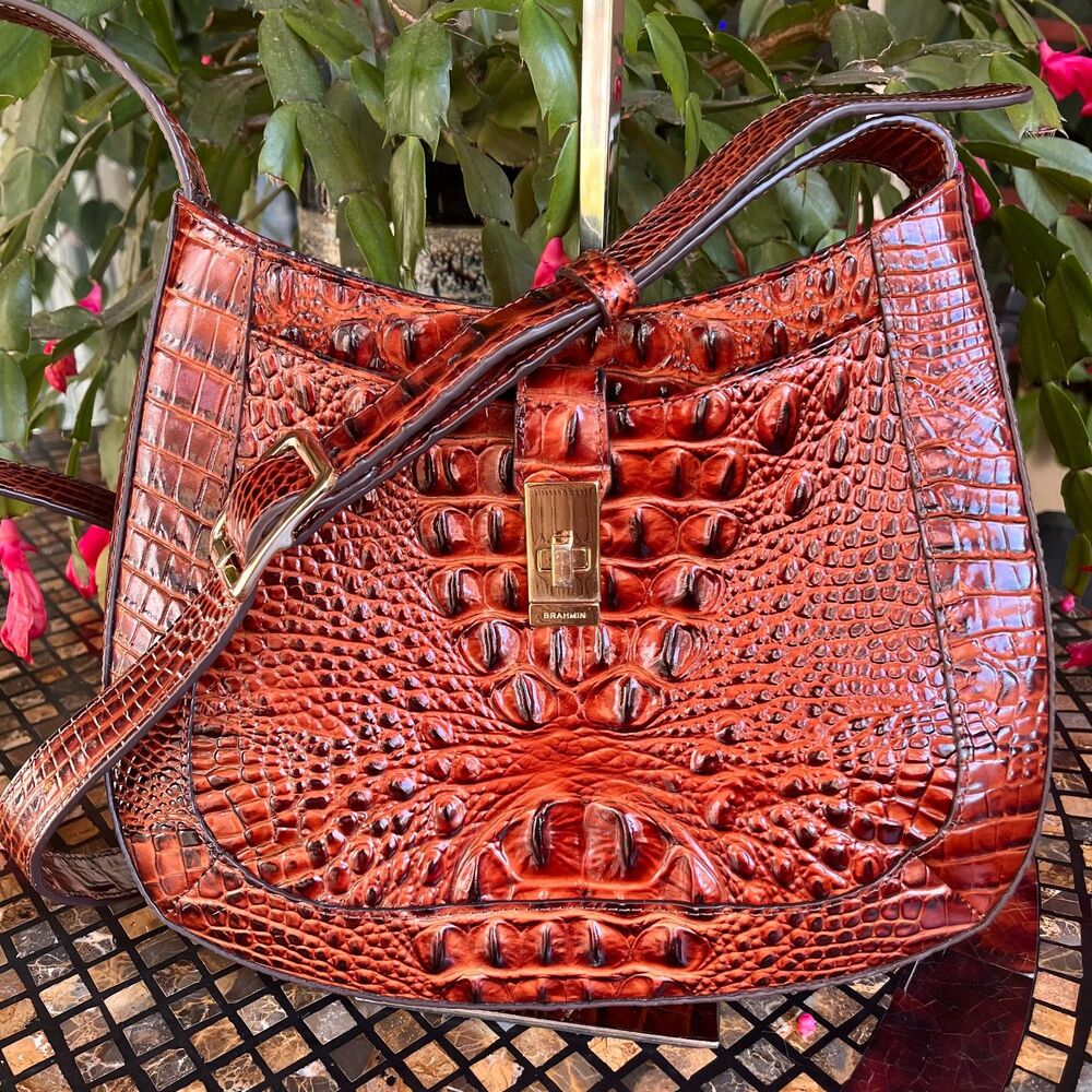 Brahmin Johanna Croc-Embossed Leather Shoulder Bag Pecan EUC